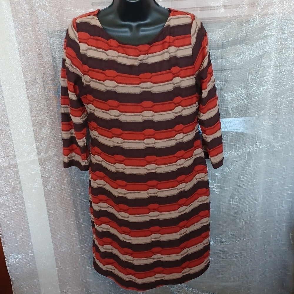 Sharagano Dress - Brown, Cream, Orange, stretchy fabric,  lightweight and lined